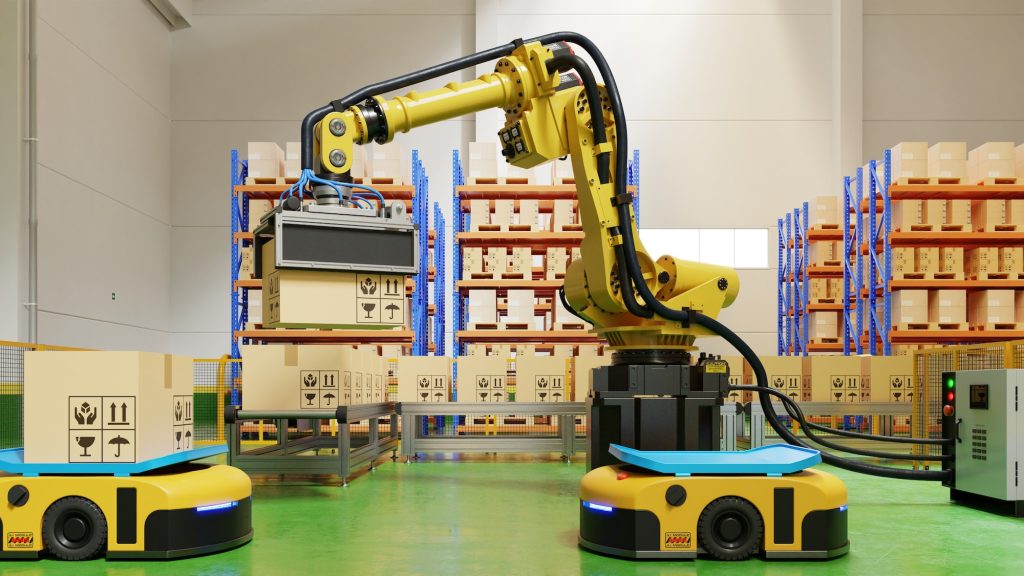 Factory Automation with AGV and robotic arm in transportation.